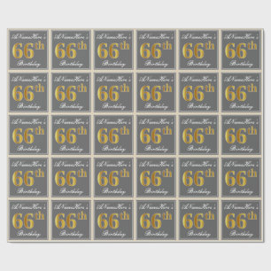 Elegant, grau, Imitate Gold 66. Geburtstag + Name Geschenkpapier