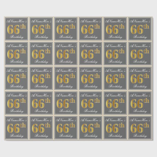 Elegant, grau, Imitate Gold 66. Geburtstag + Name Geschenkpapier (Flach)