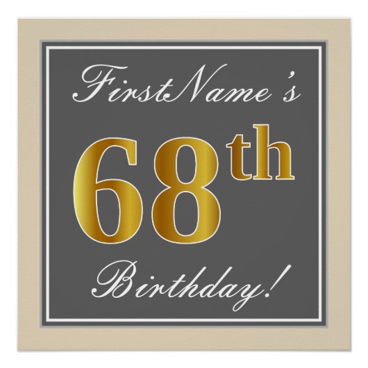 Elegant, grau, Imitate Gold 68. Geburtstag + Name Poster (Vorderseite)