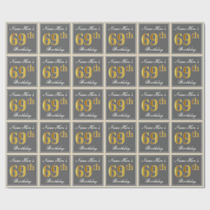 Elegant, grau, Imitate Gold 69. Geburtstag + Name Geschenkpapier