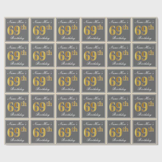 Elegant, grau, Imitate Gold 69. Geburtstag + Name Geschenkpapier (Flach)