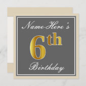 Elegant, grau, Imitate Gold 6. Geburtstag; Individ Einladung (Vorne/Hinten)