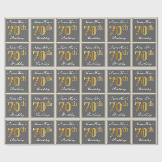 Elegant, grau, Imitate Gold 70. Geburtstag + Name Geschenkpapier (Flach)
