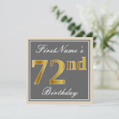 Elegant, grau, Imitate Gold 72. Geburtstag + Name Einladung (Stehend Vorderseite)