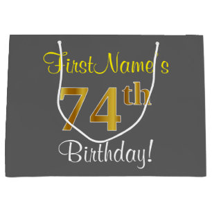 Elegant, grau, Imitate Gold 74. Geburtstag + Name Große Geschenktüte