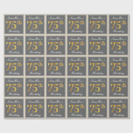 Elegant, grau, Imitate Gold 75. Geburtstag + Name Geschenkpapier (Flach)