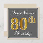 Elegant, grau, Imitate Gold 80. Geburtstag + Name Einladung (Vorne/Hinten)
