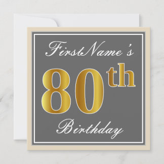 Elegant, grau, Imitate Gold 80. Geburtstag + Name Einladung