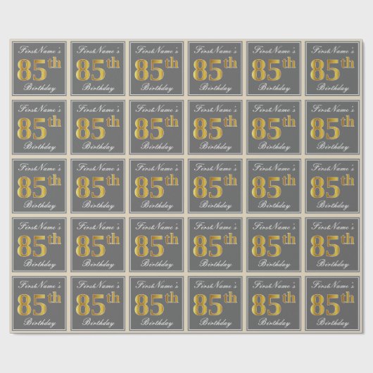 Elegant, grau, Imitate Gold 85. Geburtstag + Name Geschenkpapier (Flach)
