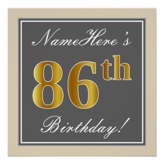 Elegant, grau, Imitate Gold 86. Geburtstag + Name Poster (Vorderseite)