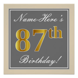 Elegant, grau, Imitate Gold 87. Geburtstag + Name Poster