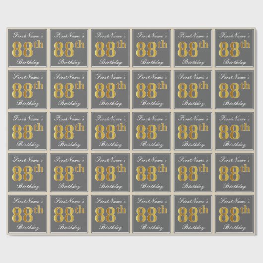 Elegant, grau, Imitate Gold 88. Geburtstag + Name Geschenkpapier (Flach)