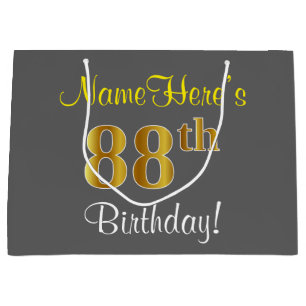 Elegant, grau, Imitate Gold 88. Geburtstag + Name Große Geschenktüte