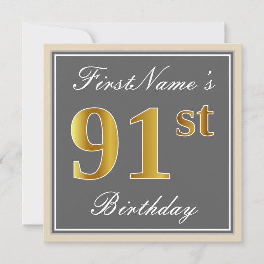 Elegant, Grau, Imitate Gold 91. Geburtstag + Name Einladung (Vorderseite)