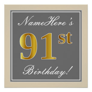Elegant, grau, Imitate Gold 91. Geburtstag + Name Poster