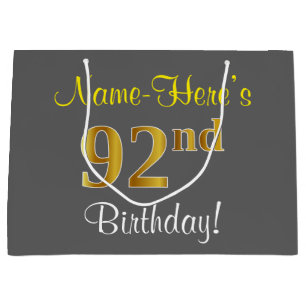 Elegant, grau, Imitate Gold 92. Geburtstag + Name Große Geschenktüte