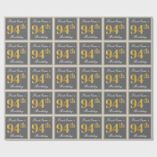 Elegant, grau, Imitate Gold 94. Geburtstag + Name Geschenkpapier (Flach)