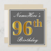 Elegant, grau, Imitate Gold 96. Geburtstag + Name Einladung (Vorne/Hinten)