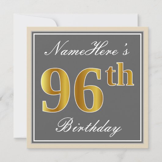 Elegant, grau, Imitate Gold 96. Geburtstag + Name Einladung (Vorderseite)