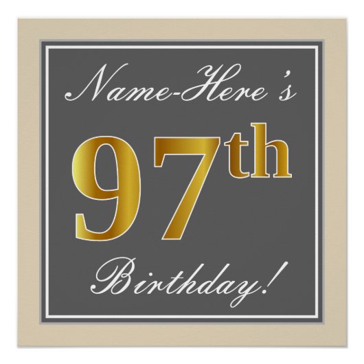 Elegant, grau, Imitate Gold 97. Geburtstag + Name Poster (Vorderseite)