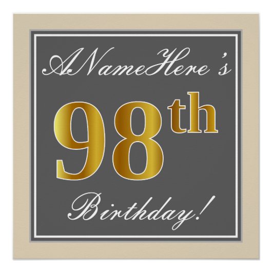Elegant, grau, Imitate Gold 98. Geburtstag + Name Poster (Vorderseite)