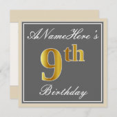 Elegant, grau, Imitate Gold 9. Geburtstag; Individ Einladung (Vorne/Hinten)