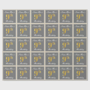 Elegant, grau, Imitate Gold 9. Geburtstag; Individ Geschenkpapier