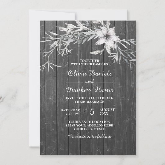 Elegant grau rustikal. Blumenholzhalle Einladung (Vorderseite)