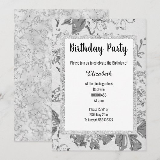 ELEGANT GRAU WHITE Marble Floral Glitzer Geburtsta Einladung (Vorne/Hinten)