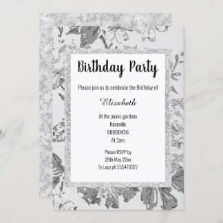 ELEGANT GRAU WHITE Marble Floral Glitzer Geburtsta Einladung