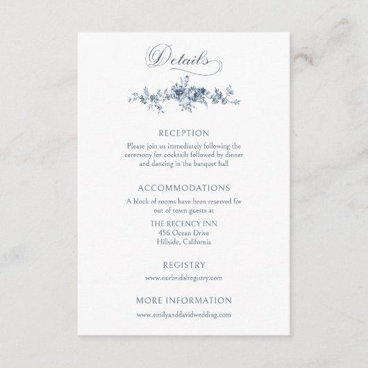 Elegant Graved French Blue Floral Begleitkarte (Vorderseite)