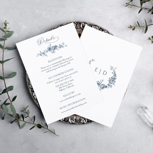 Elegant Graved French Blue Floral Begleitkarte