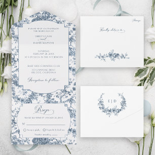 Elegant gravierte französische blaue Blumen-Toile All In One Einladung
