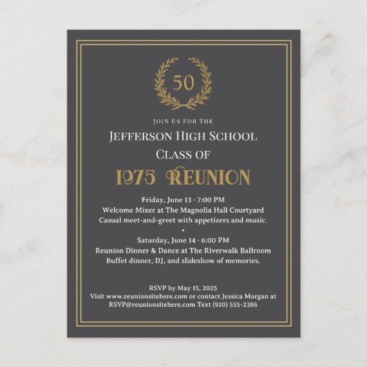 Elegant Gray 50 Year Class Reunion Laurel Wreath Postkarte (Vorderseite)