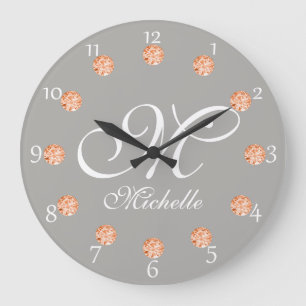 Elegant Gray & Amber Faux Gems Monogram Clock Große Wanduhr