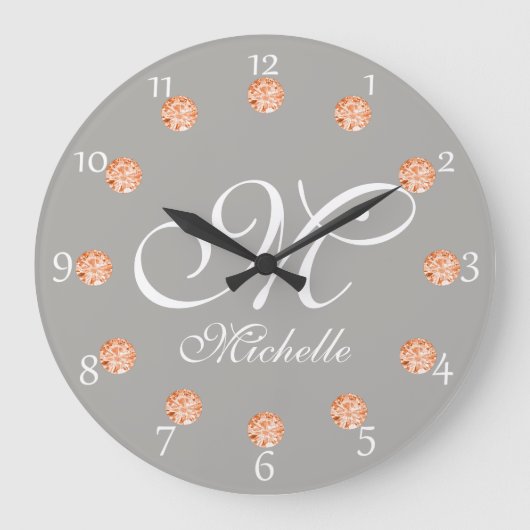 Elegant Gray & Amber Faux Gems Monogram Clock Große Wanduhr (Vorderseite)