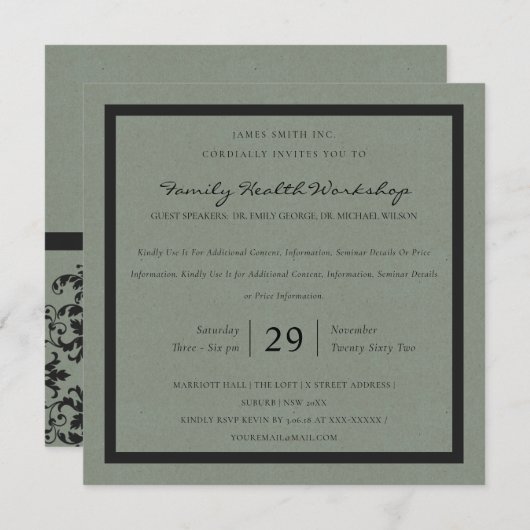 ELEGANT GRAY BLACK DAMASK CLASSIC WORKSHOP EVENT EINLADUNG (Vorne/Hinten)