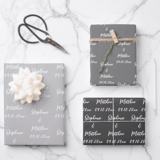 Elegant Gray Bride Groom Names Weddings Geschenkpapier Set (Vorderseite)
