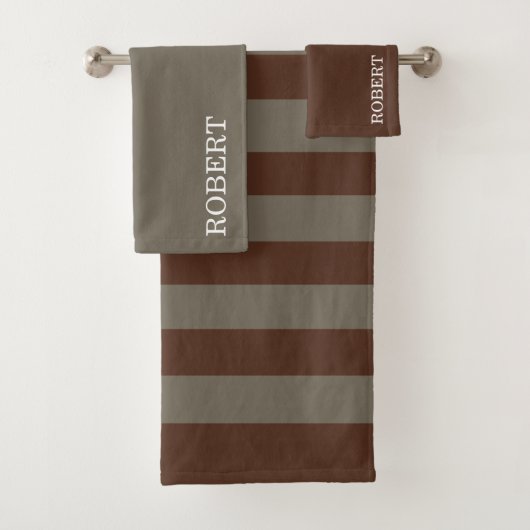 Elegant Gray &Brown Strips Pattern Custom Name Badhandtuch Set (Insitu)