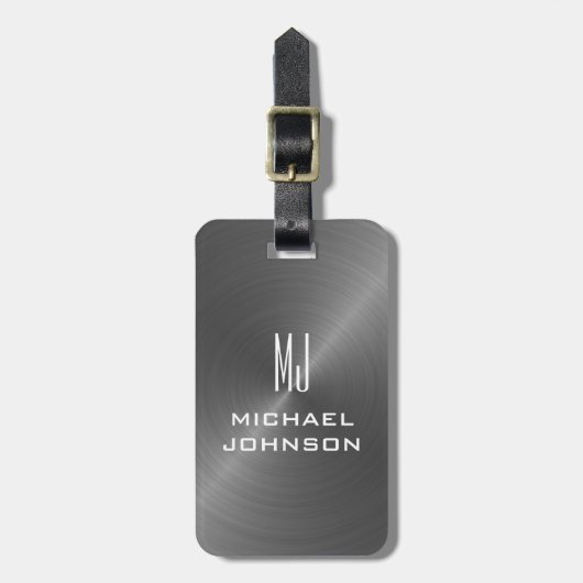 Elegant Gray Brushed Metallic Mit Monogramm Initia Gepäckanhänger (Vorderseite vertikal)