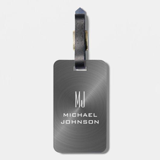 Elegant Gray Brushed Metallic Mit Monogramm Initia Gepäckanhänger (Rückseite vertikal)