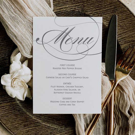 Elegant Gray Calligraphy Script Wedding Menükarte