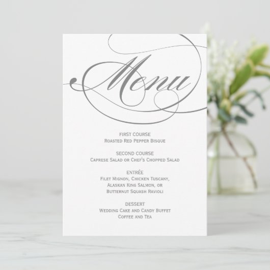 Elegant Gray Calligraphy Script Wedding Menükarte (Stehend Vorderseite)
