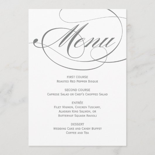 Elegant Gray Calligraphy Script Wedding Menükarte (Vorderseite)