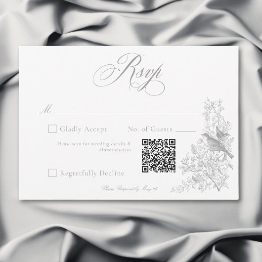 Elegant Gray Chinoiserie Nature & Birds Wedding QR RSVP Karte