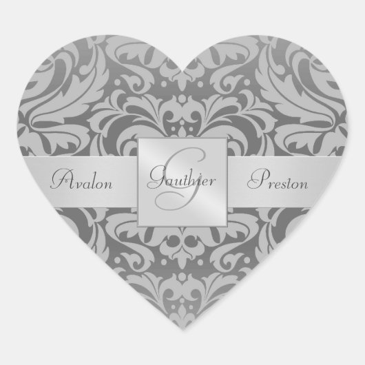 Elegant Gray Damask Heart Wedding Sticker (Vorderseite)