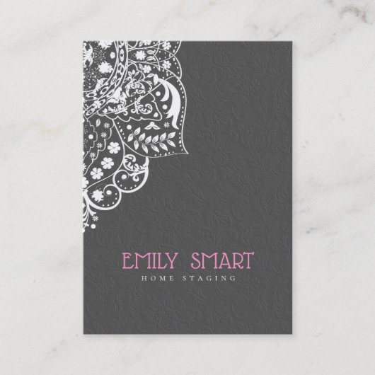 Elegant Gray Damasks White Lace Visitenkarte (Vorderseite)