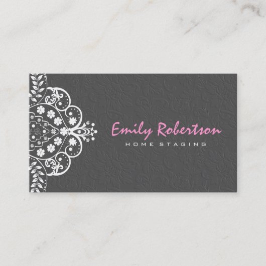 Elegant Gray Damasks White Vintag Lace 2a Visitenkarte (Vorderseite)