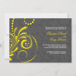 Elegant Gray Damasks Yellow Lace Wedding Einladung