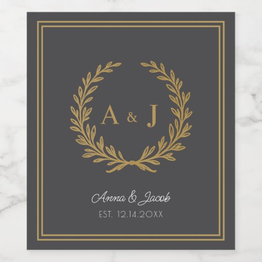 Elegant Gray Floral Crest Monogram Wedding Weinetikett (Einzelnes Label)